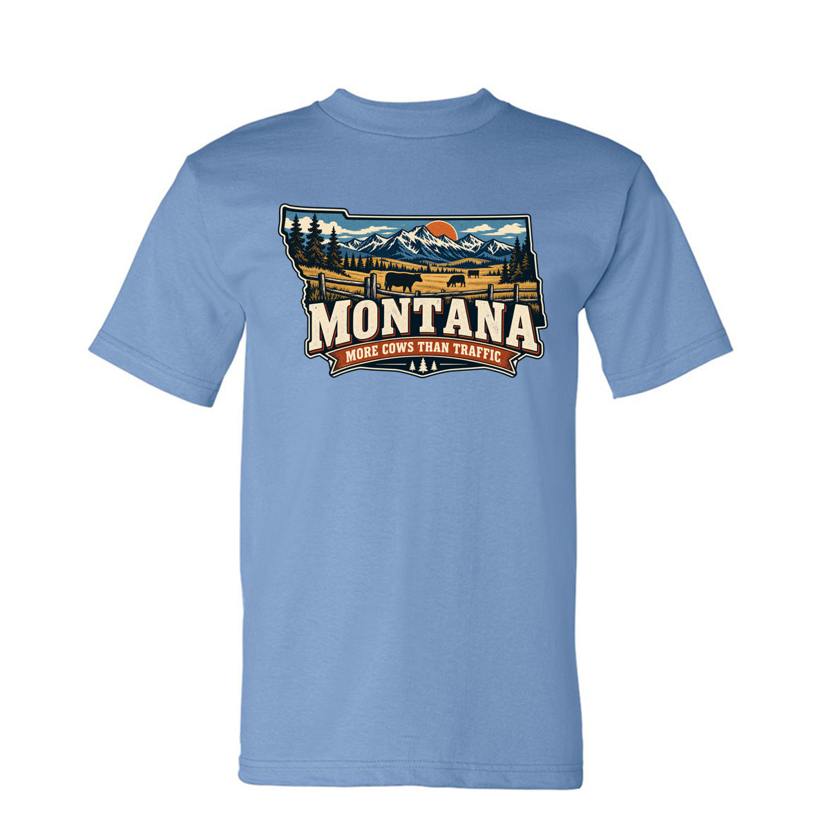 Carolina Blue Montana More Cows Than Traffic T-Shirt, front view