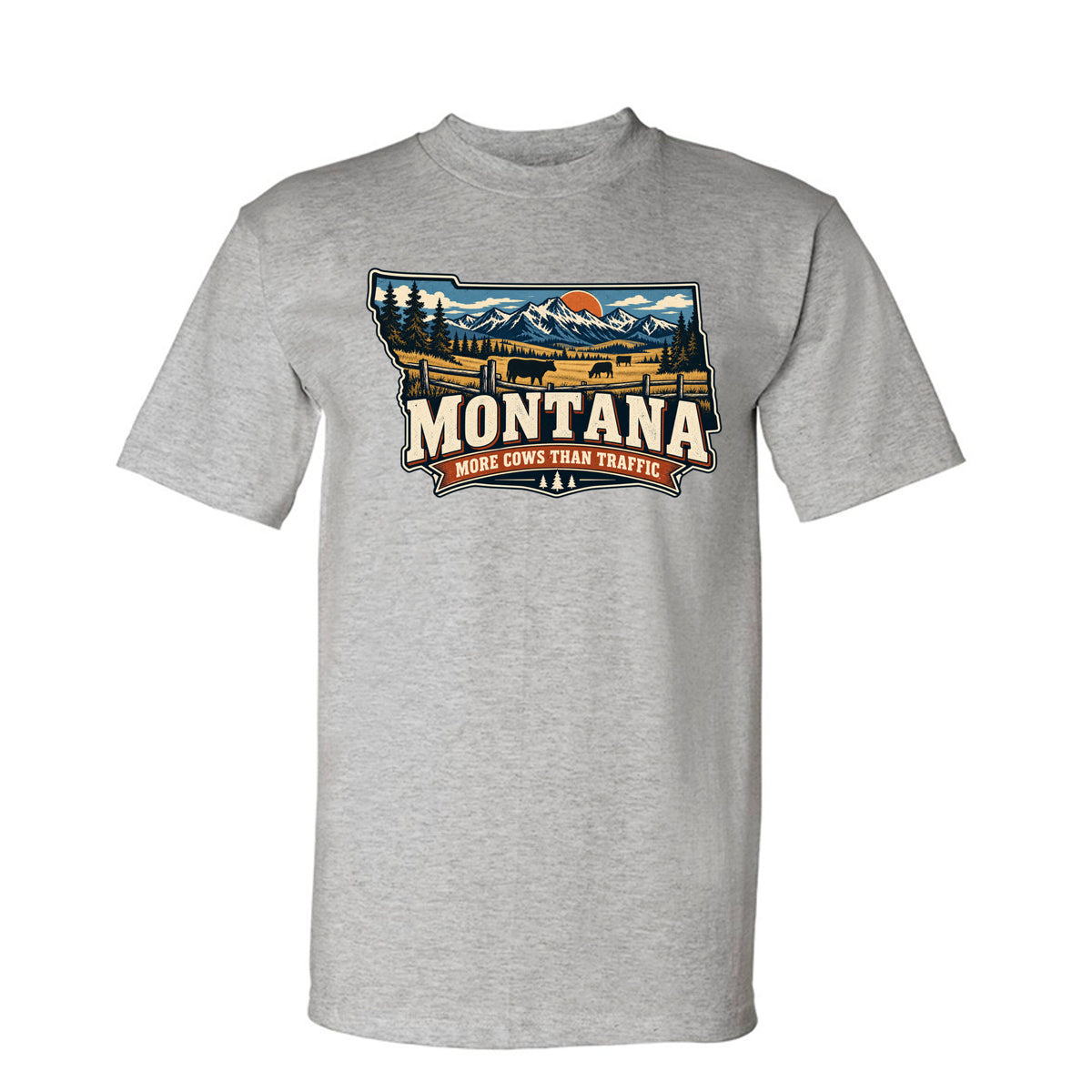 Dark Ash Montana More Cows Than Traffic T-Shirt, front view