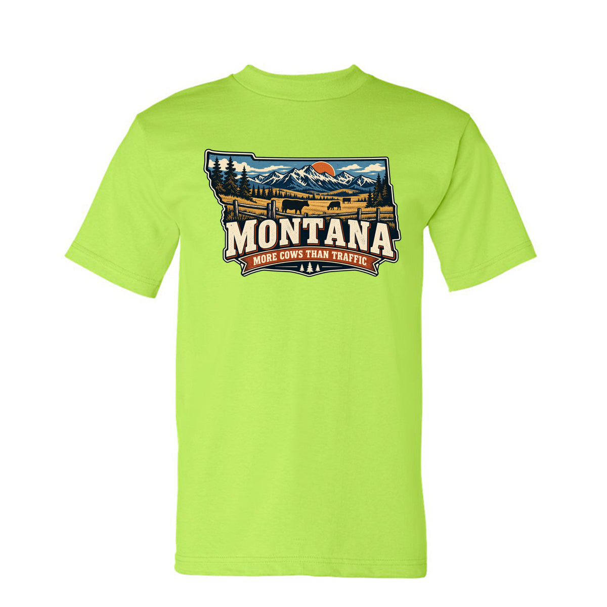 Lime Green Montana More Cows Than Traffic T-Shirt, front view
