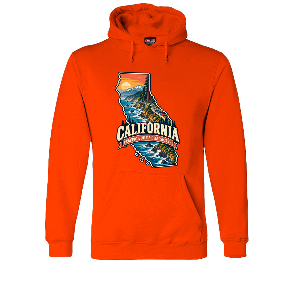 Bright Orange California Traffic Builds Character Hoodie, front view
