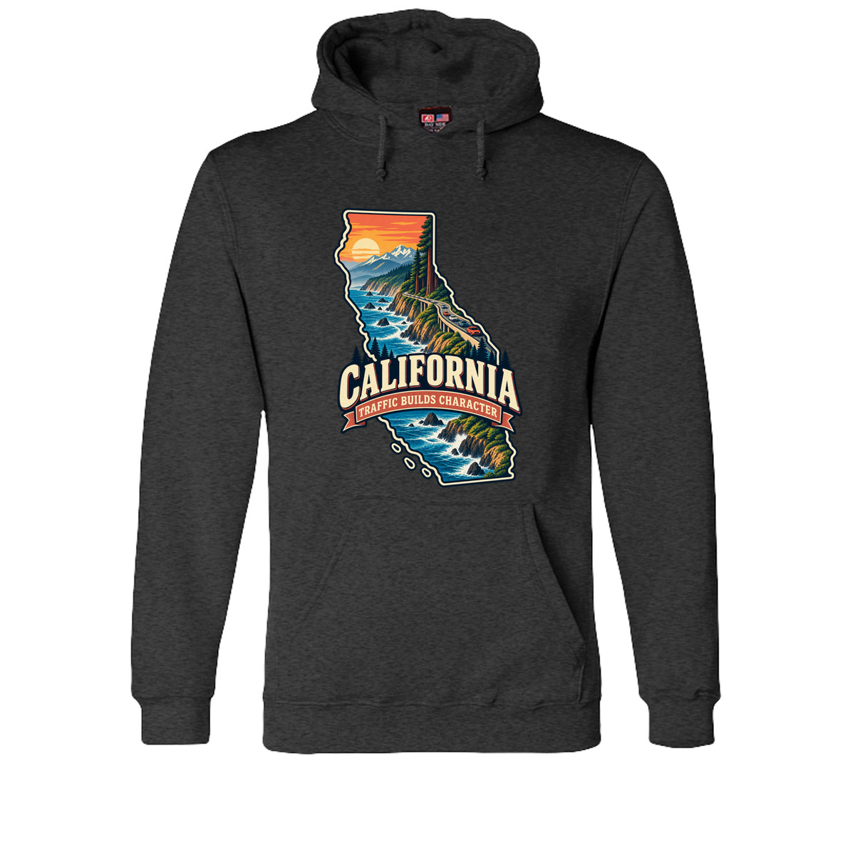 Charcoal Heather California Traffic Builds Character Hoodie, front view
