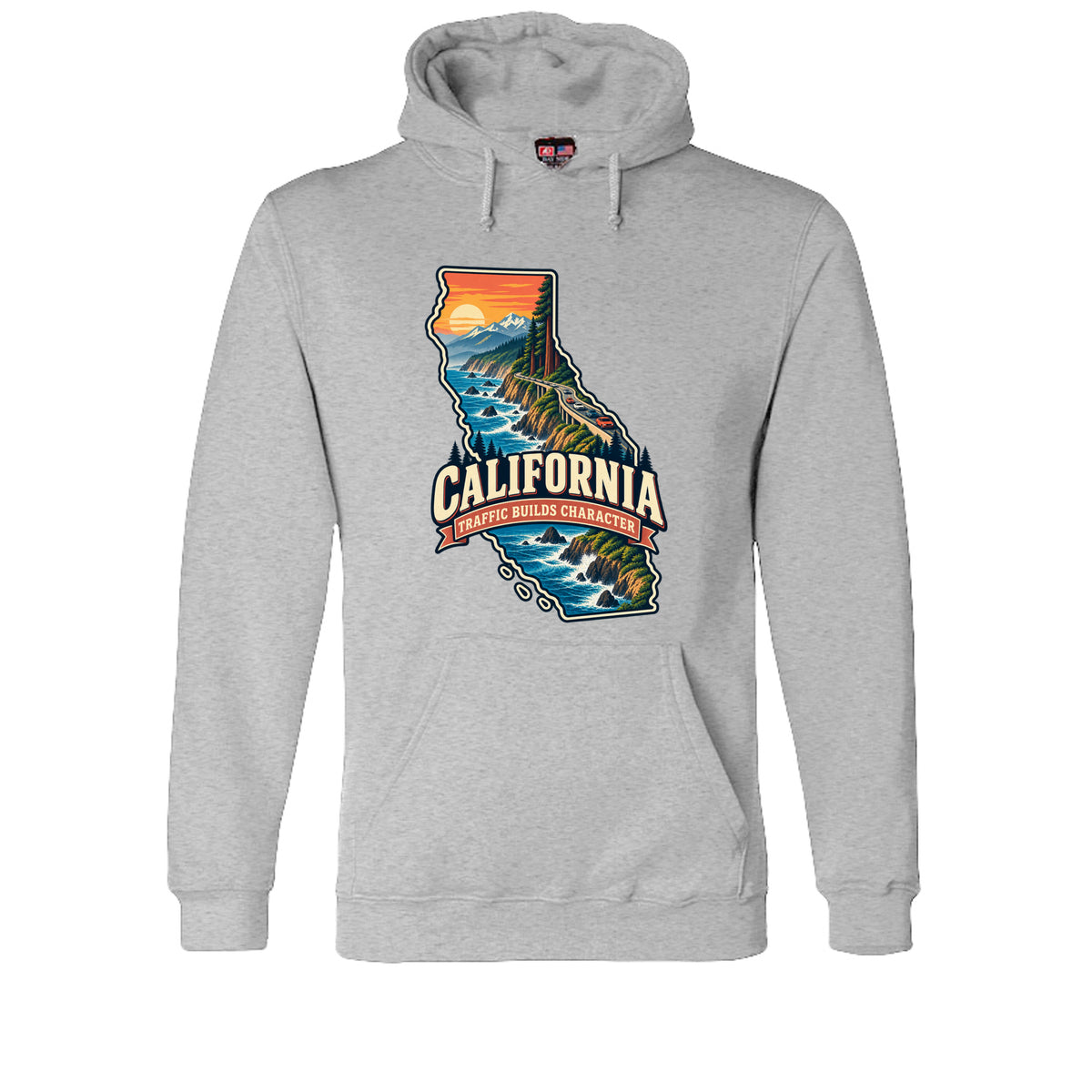 Dark Ash California Traffic Builds Character Hoodie, front view
