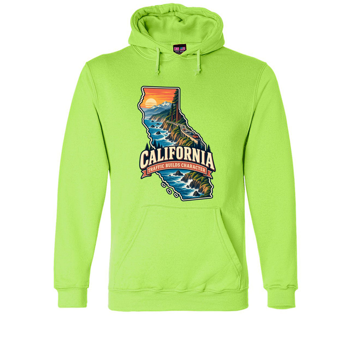 Lime Green California Traffic Builds Character Hoodie, front view
