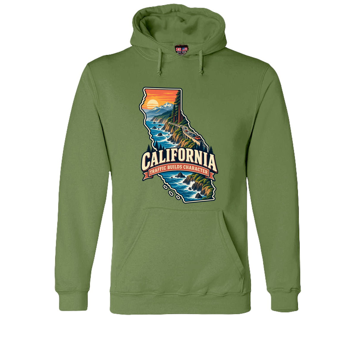 Olive California Traffic Builds Character Hoodie, front view
