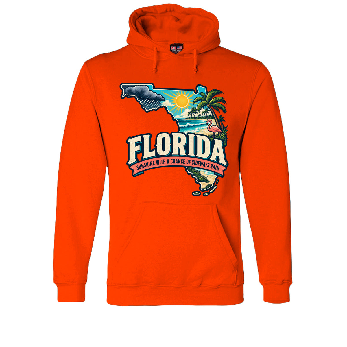 Bright Orange Florida Sunshine With a Chance of Sideways Rain Hoodie, front view

