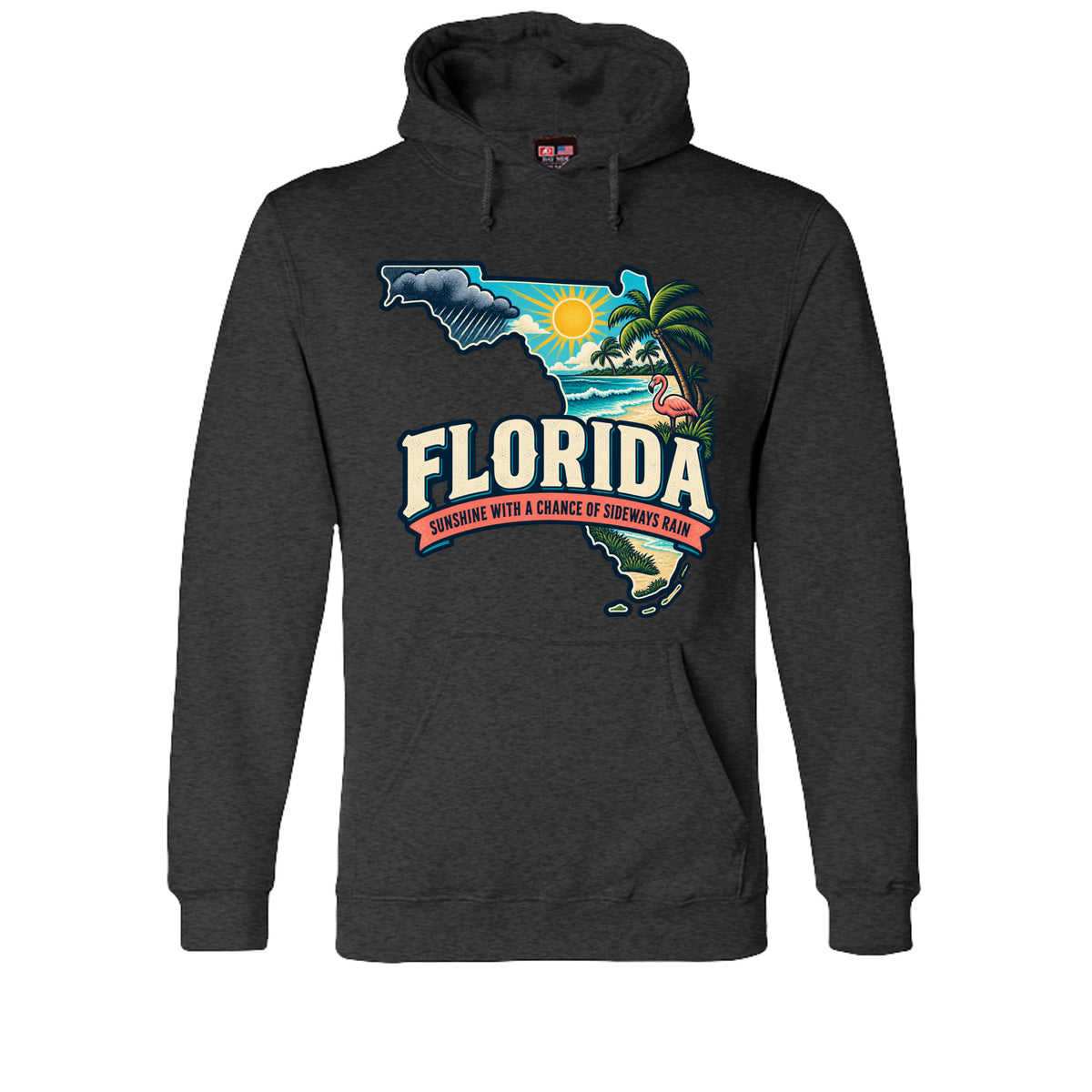 Charcoal Heather Florida Sunshine With a Chance of Sideways Rain Hoodie, front view
