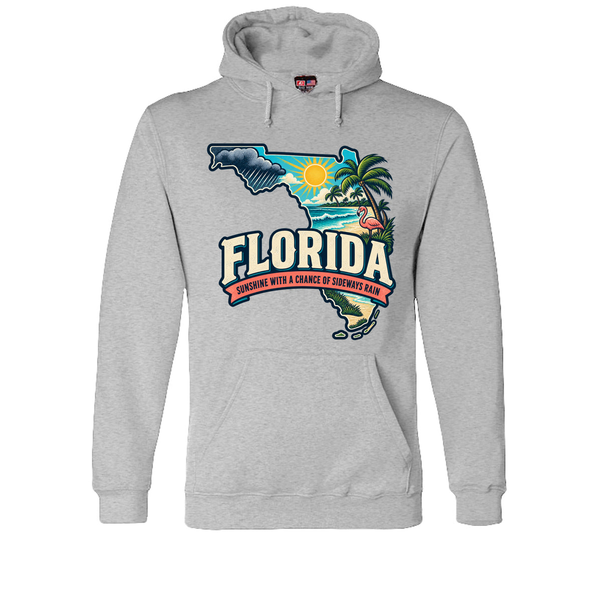 Dark Ash Florida Sunshine With a Chance of Sideways Rain Hoodie, front view
