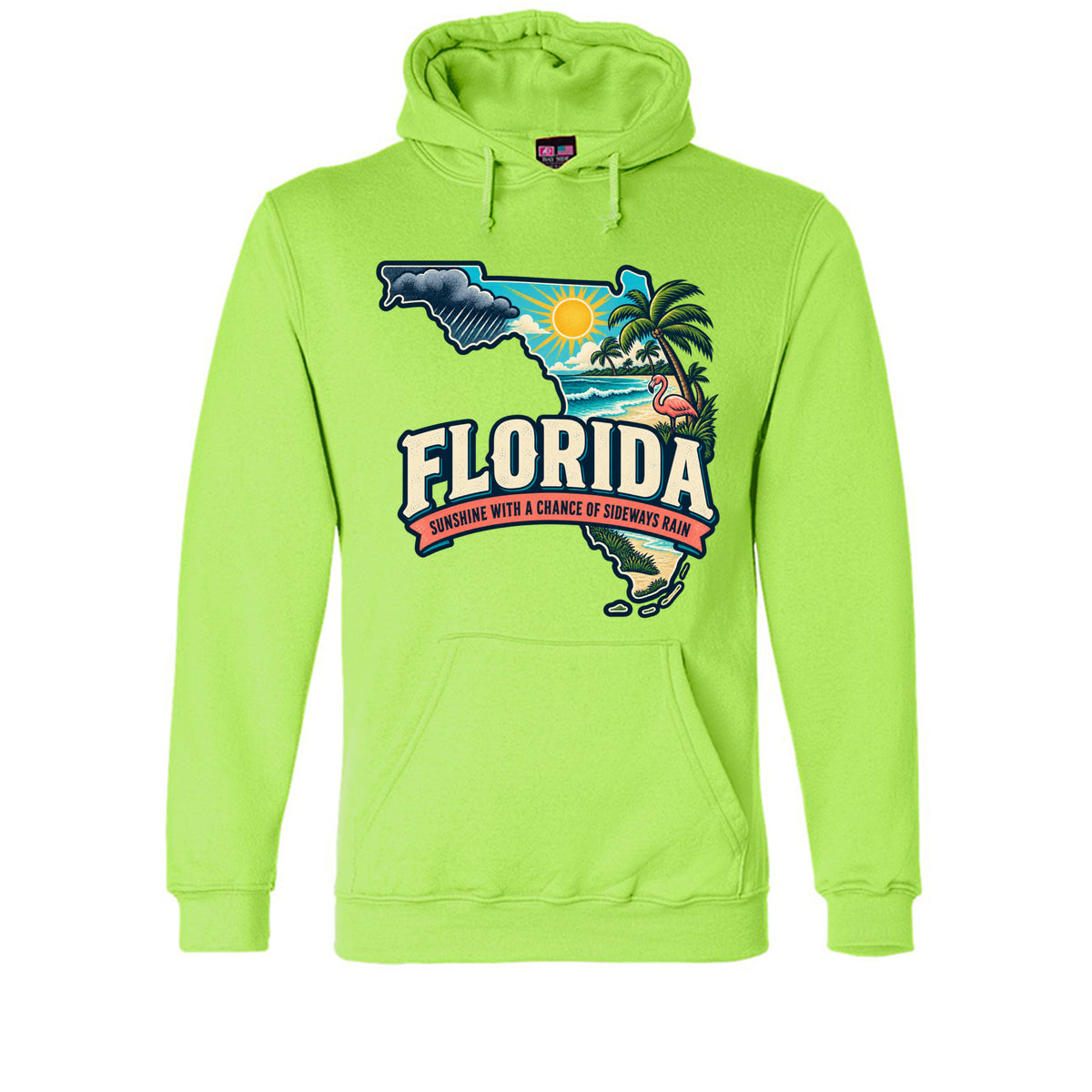 Lime Green Florida Sunshine With a Chance of Sideways Rain Hoodie, front view
