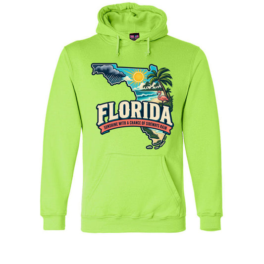 Lime Green Florida Sunshine With a Chance of Sideways Rain Hoodie, front view
