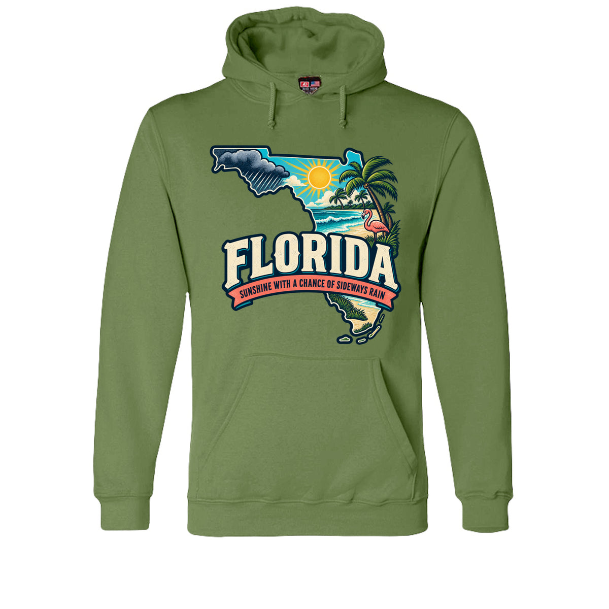 Olive Florida Sunshine With a Chance of Sideways Rain Hoodie, front view
