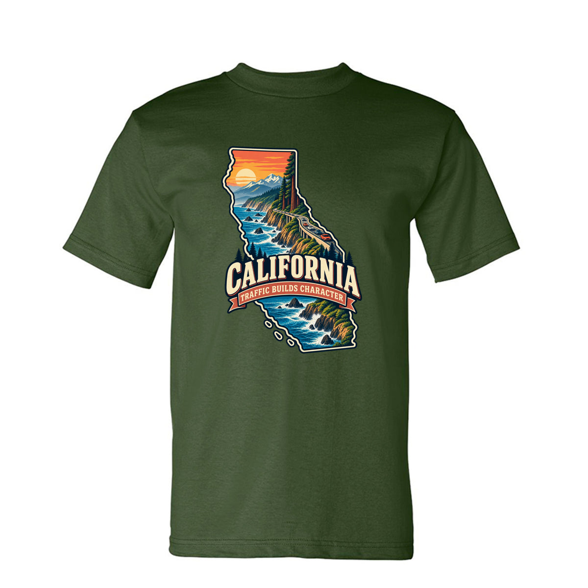 Army California Traffic Builds Character T-Shirt, front view
