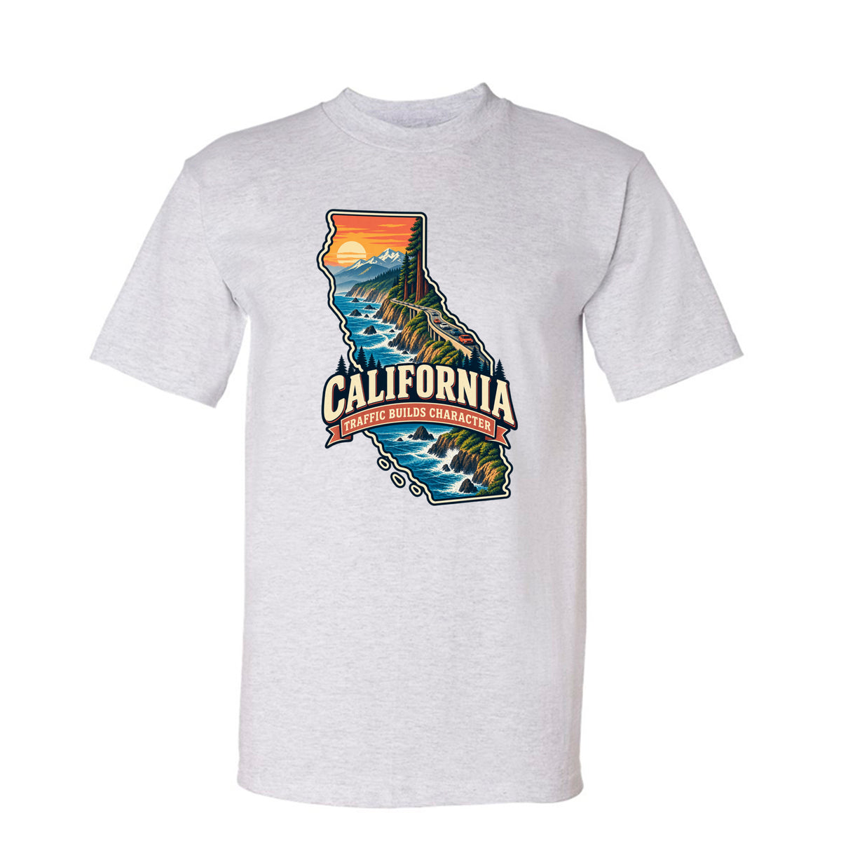 Ash California Traffic Builds Character T-Shirt, front view
