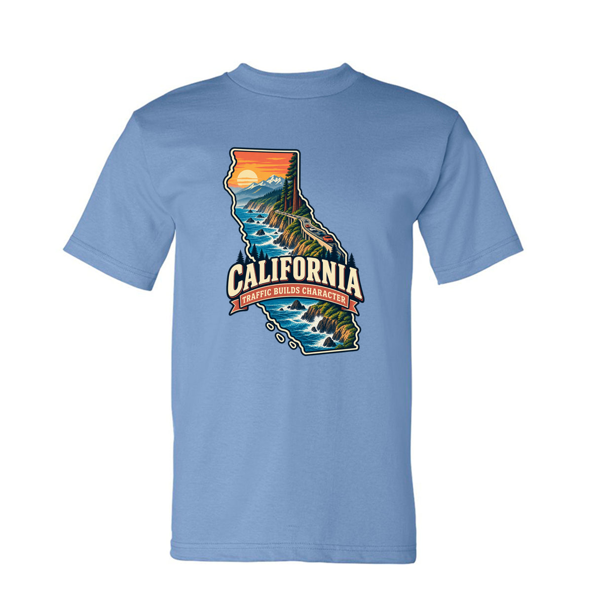 Carolina Blue California Traffic Builds Character T-Shirt, front view
