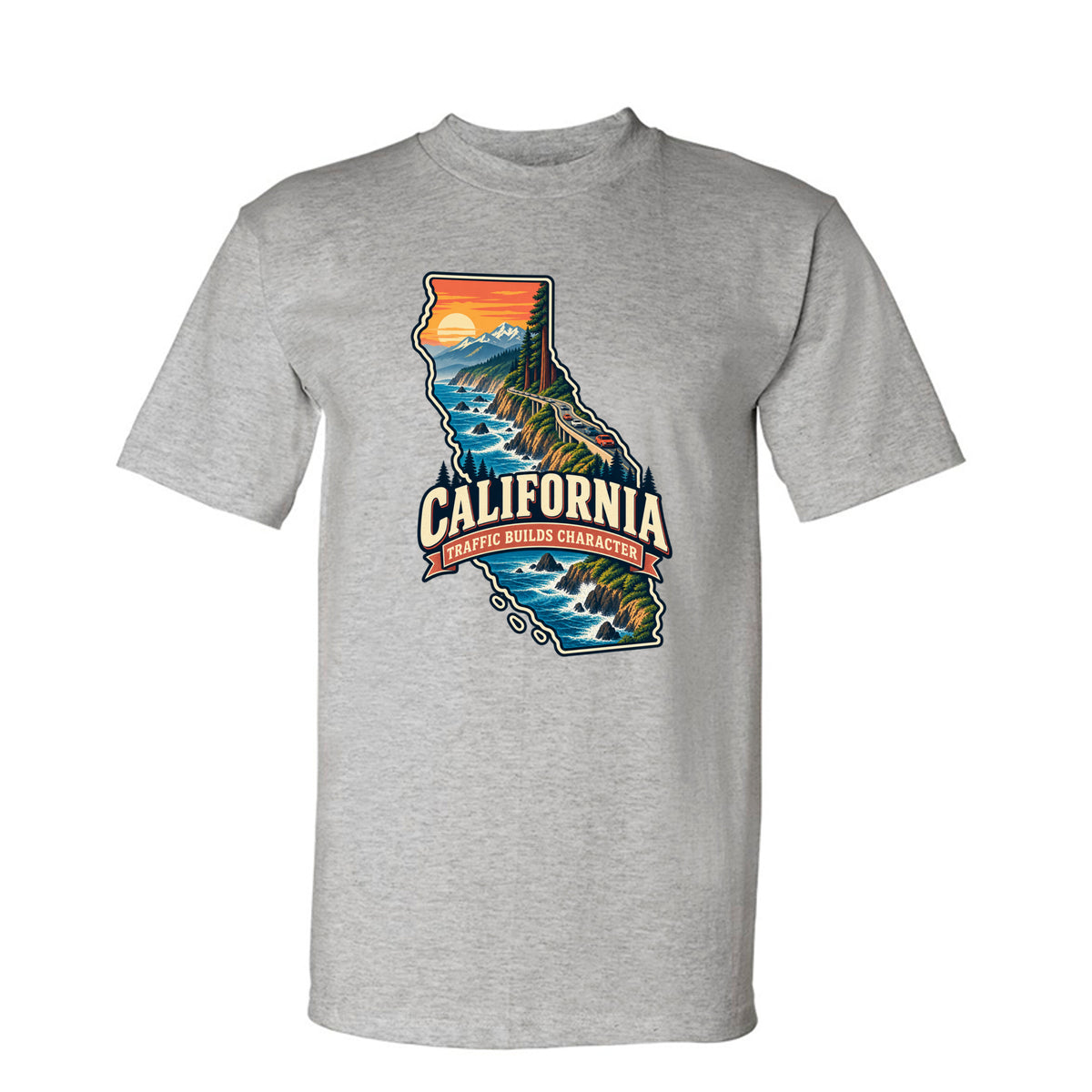 Dark Ash California Traffic Builds Character T-Shirt, front view
