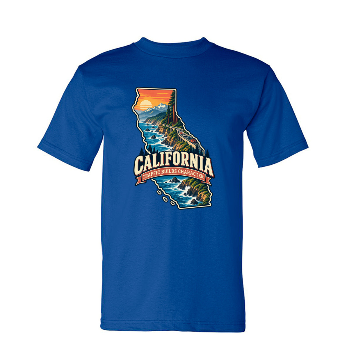 Royal California Traffic Builds Character T-Shirt, front view
