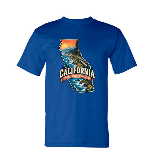 Royal California Traffic Builds Character T-Shirt, front view
