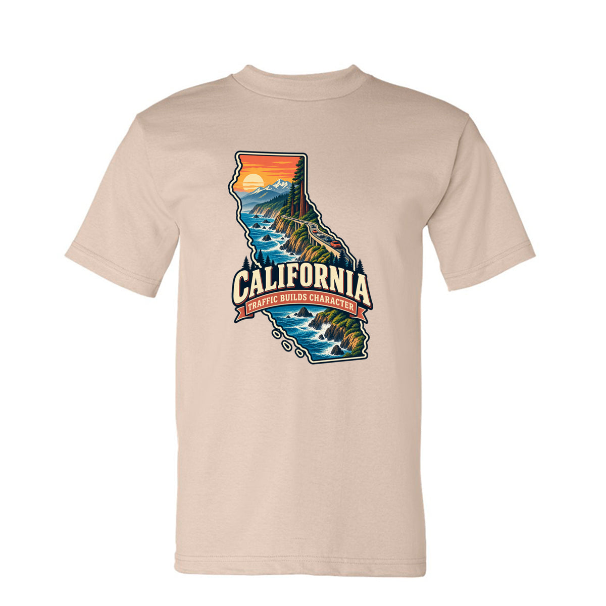 Sand California Traffic Builds Character T-Shirt, front view
