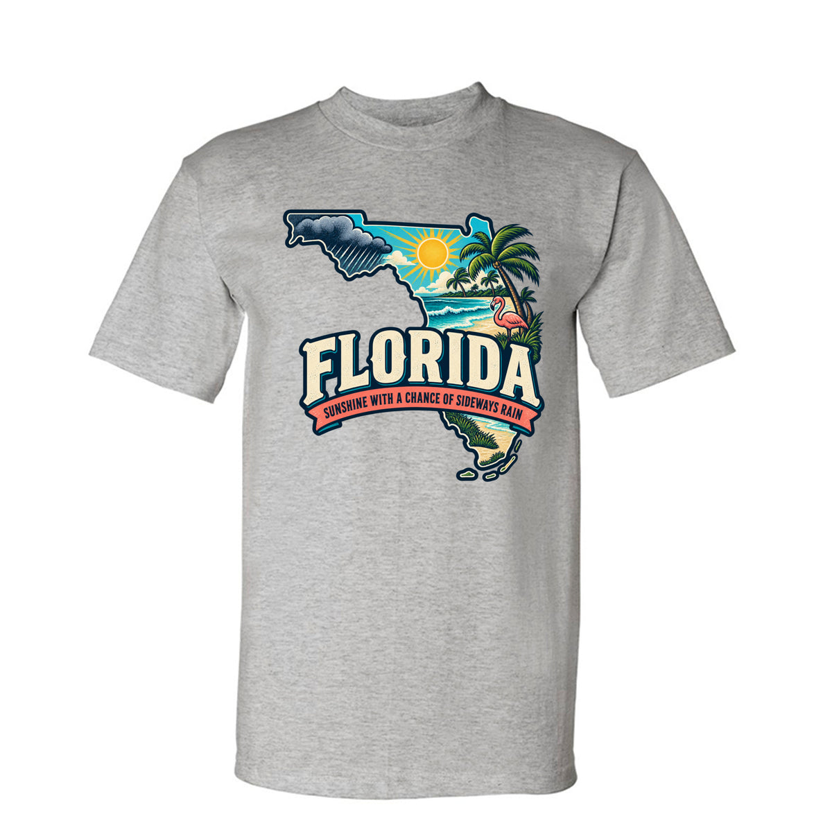 Dark Ash Florida Sunshine With a Chance of Sideways Rain T-Shirt, front view
