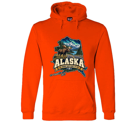 Bright Orange Alaska The Moose Have Right of Way Hoodie, front view
