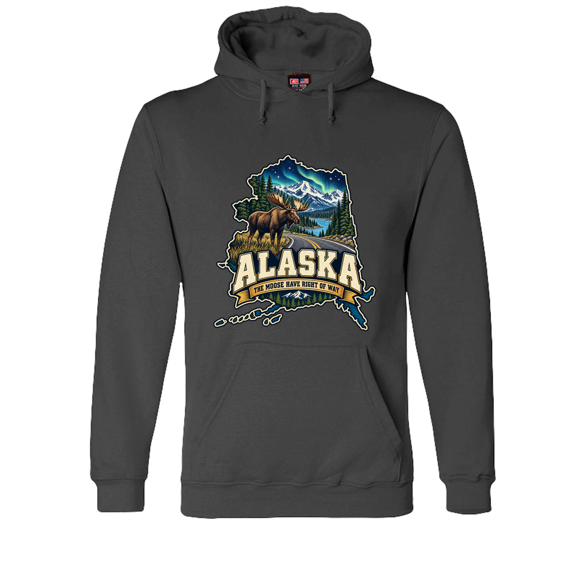Charcoal Alaska The Moose Have Right of Way Hoodie, front view
