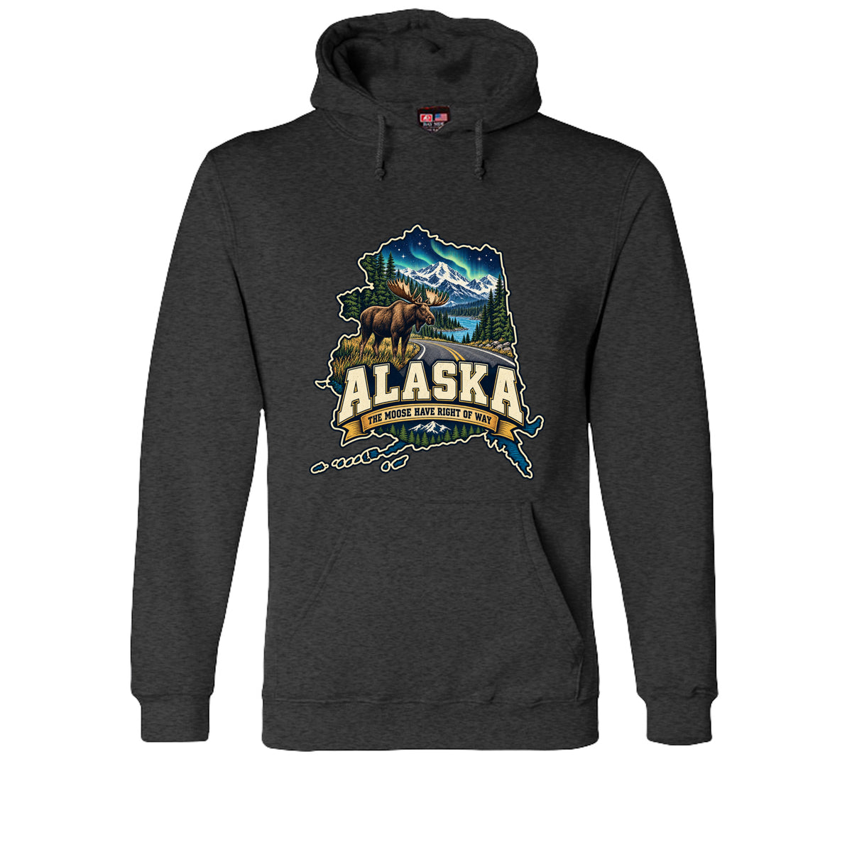 Charcoal Heather Alaska The Moose Have Right of Way Hoodie, front view
