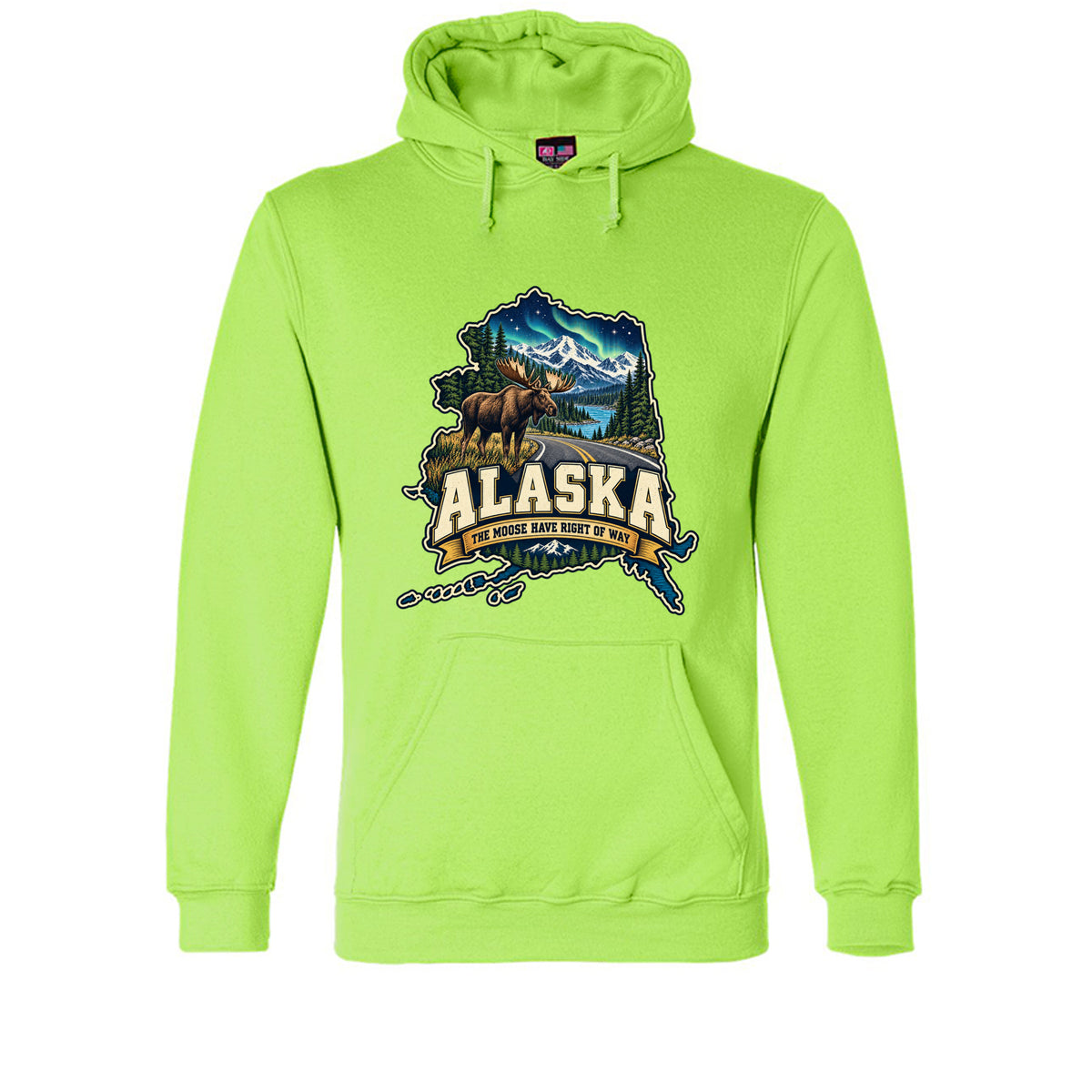 Lime Green Alaska The Moose Have Right of Way Hoodie, front view
