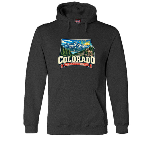 Charcoal Heather Colorado Thin Air, Strong Opinions Hoodie, front view
