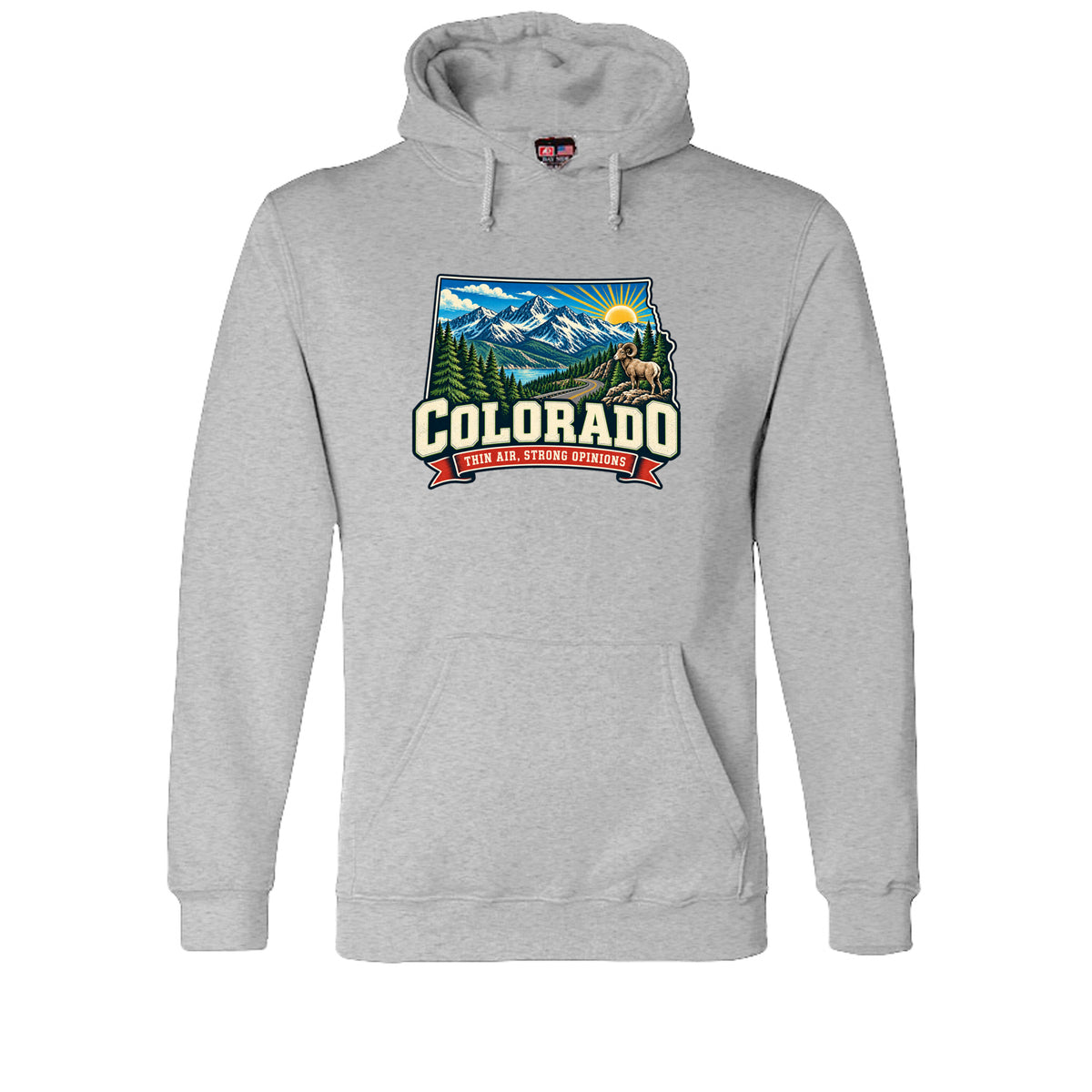 Dark Ash Colorado Thin Air, Strong Opinions Hoodie, front view
