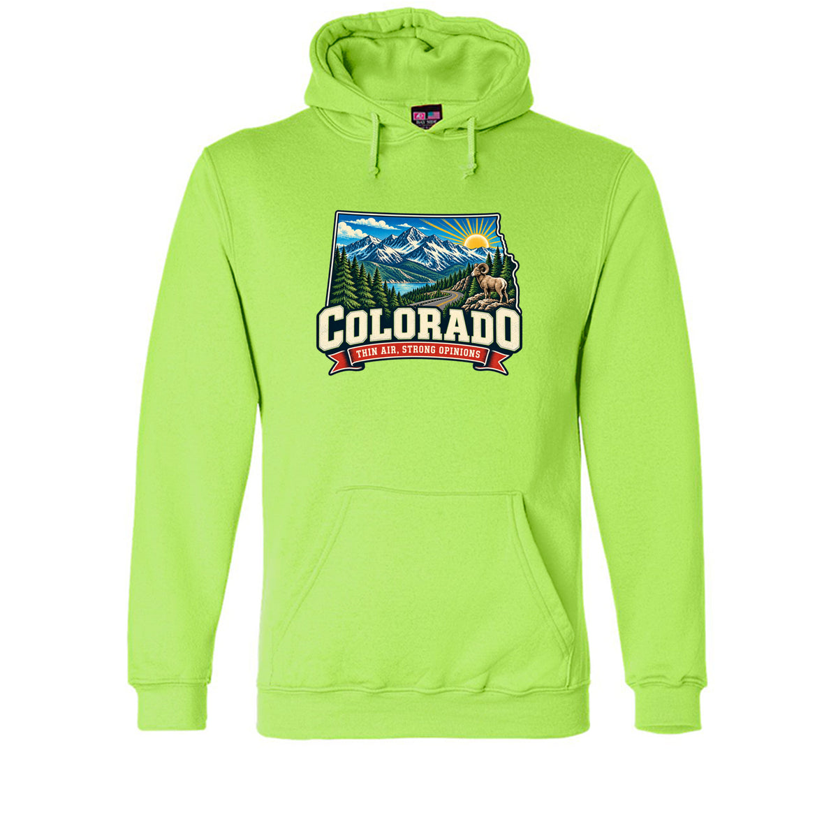 Lime Green Colorado Thin Air, Strong Opinions Hoodie, front view

