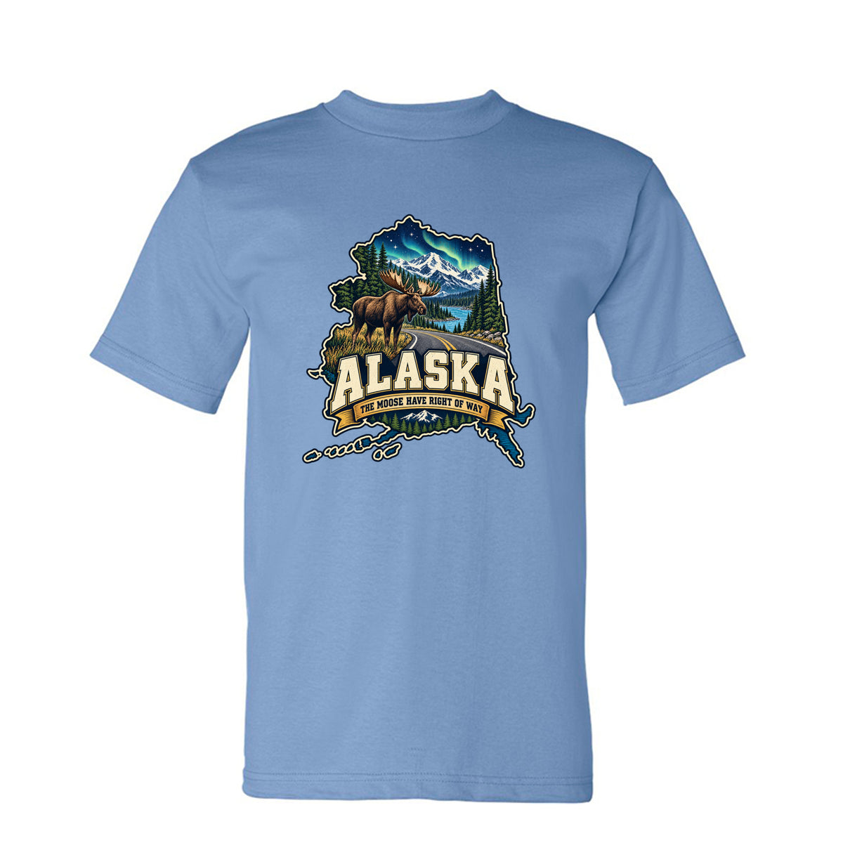 Carolina Blue Alaska The Moose Have Right of Way T-Shirt, front view
