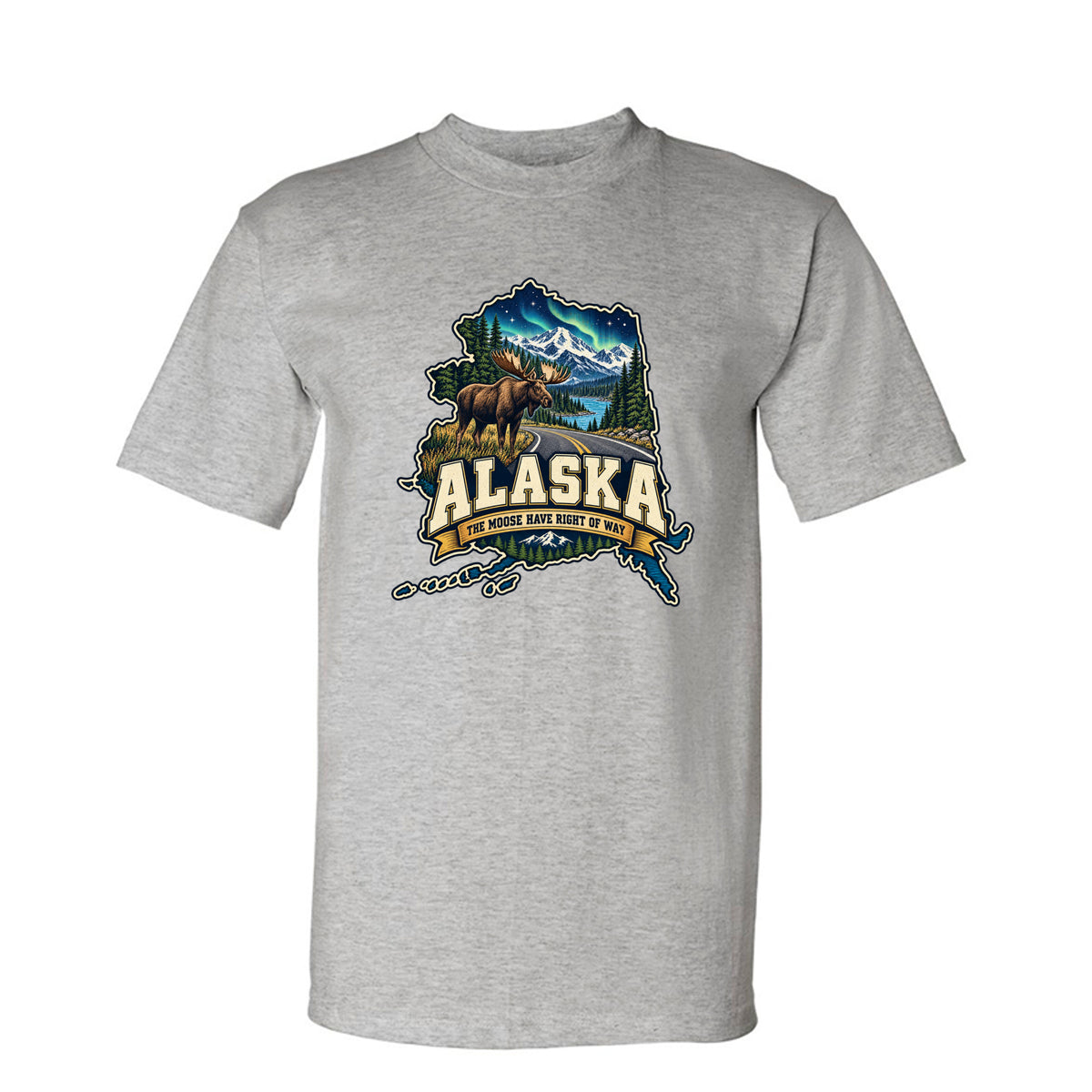 Dark Ash Alaska The Moose Have Right of Way T-Shirt, front view
