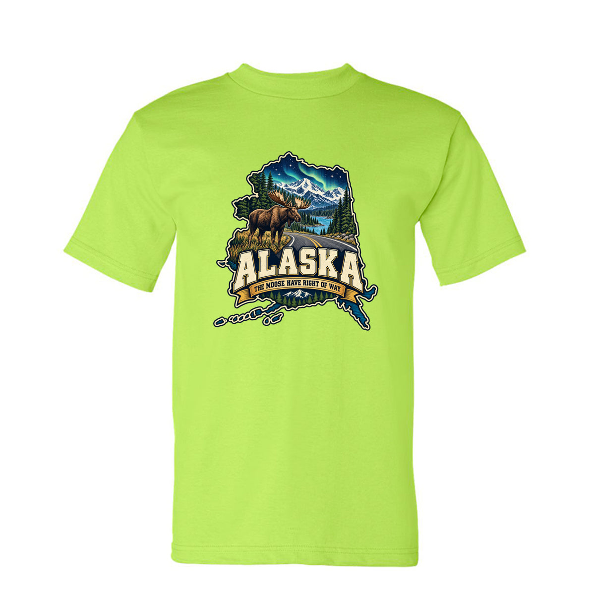 Lime Green Alaska The Moose Have Right of Way T-Shirt, front view
