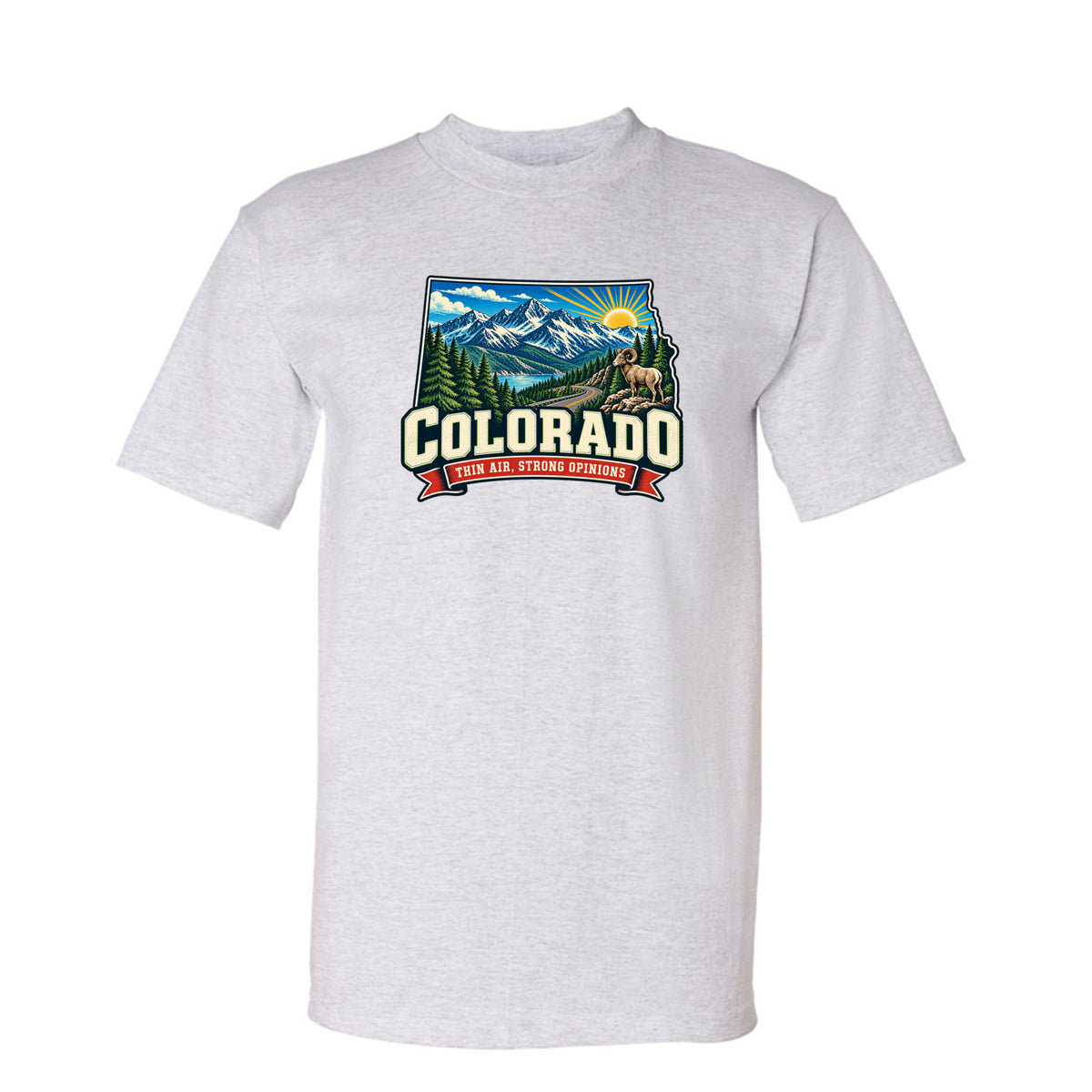 Ash Colorado Thin Air, Strong Opinions T-Shirt, front view
