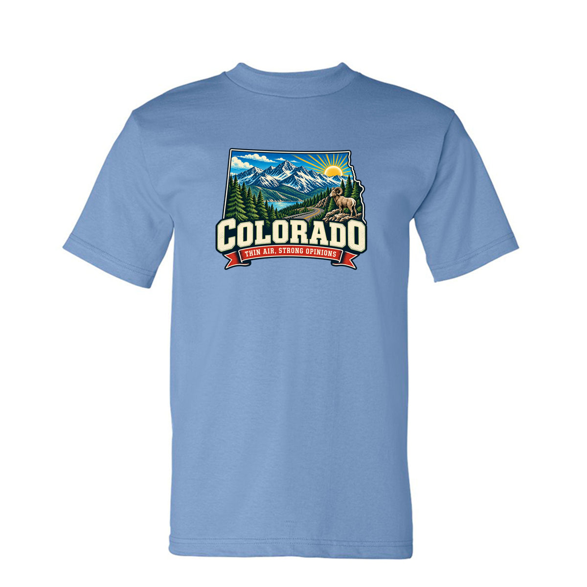 Carolina Blue Colorado Thin Air, Strong Opinions T-Shirt, front view
