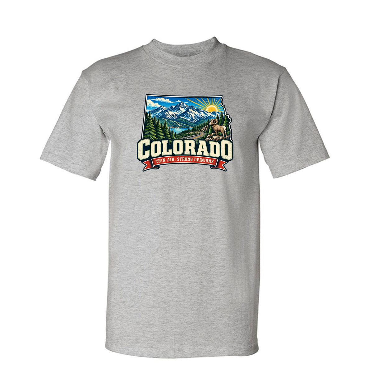 Dark Ash Colorado Thin Air, Strong Opinions T-Shirt, front view
