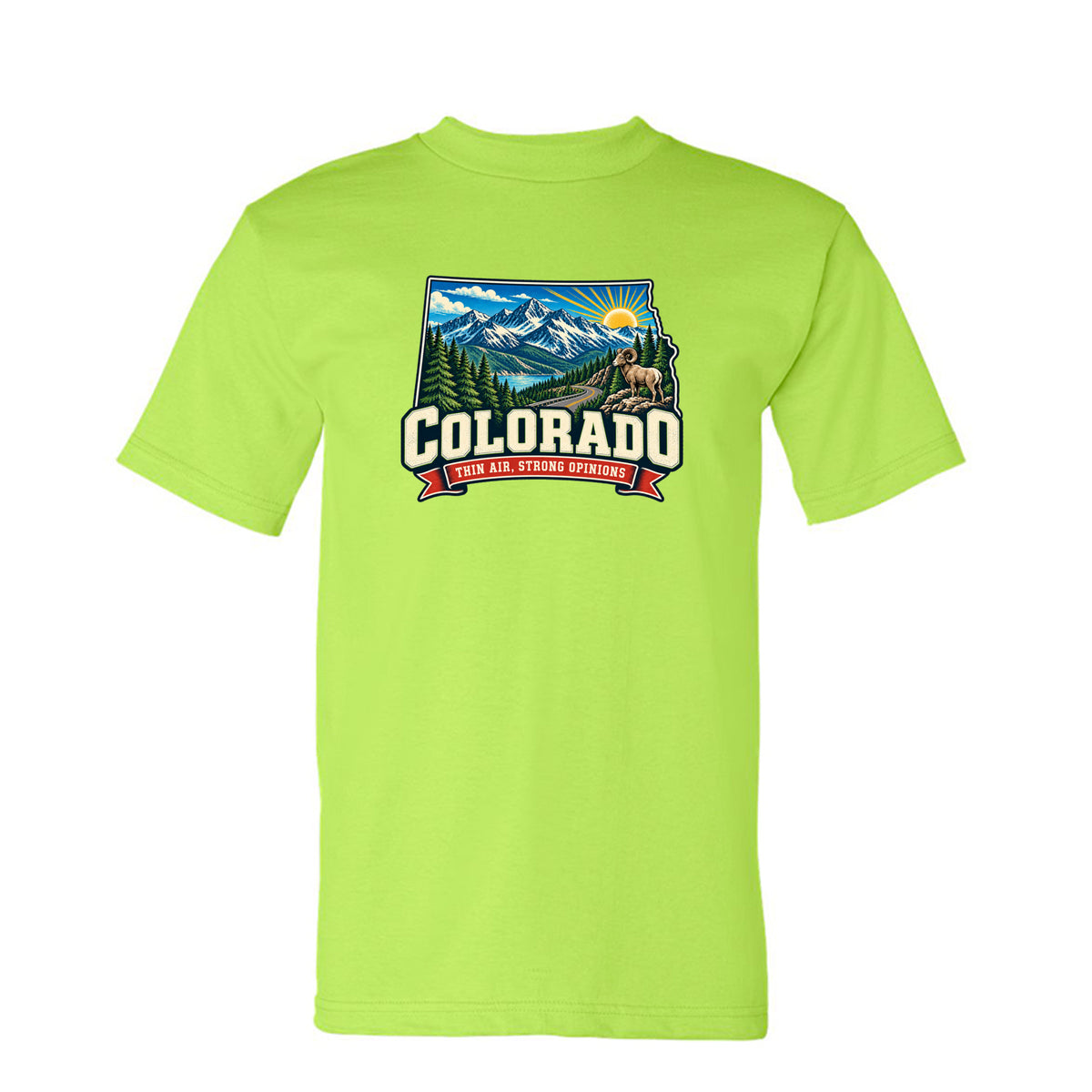 Lime Green Colorado Thin Air, Strong Opinions T-Shirt, front view
