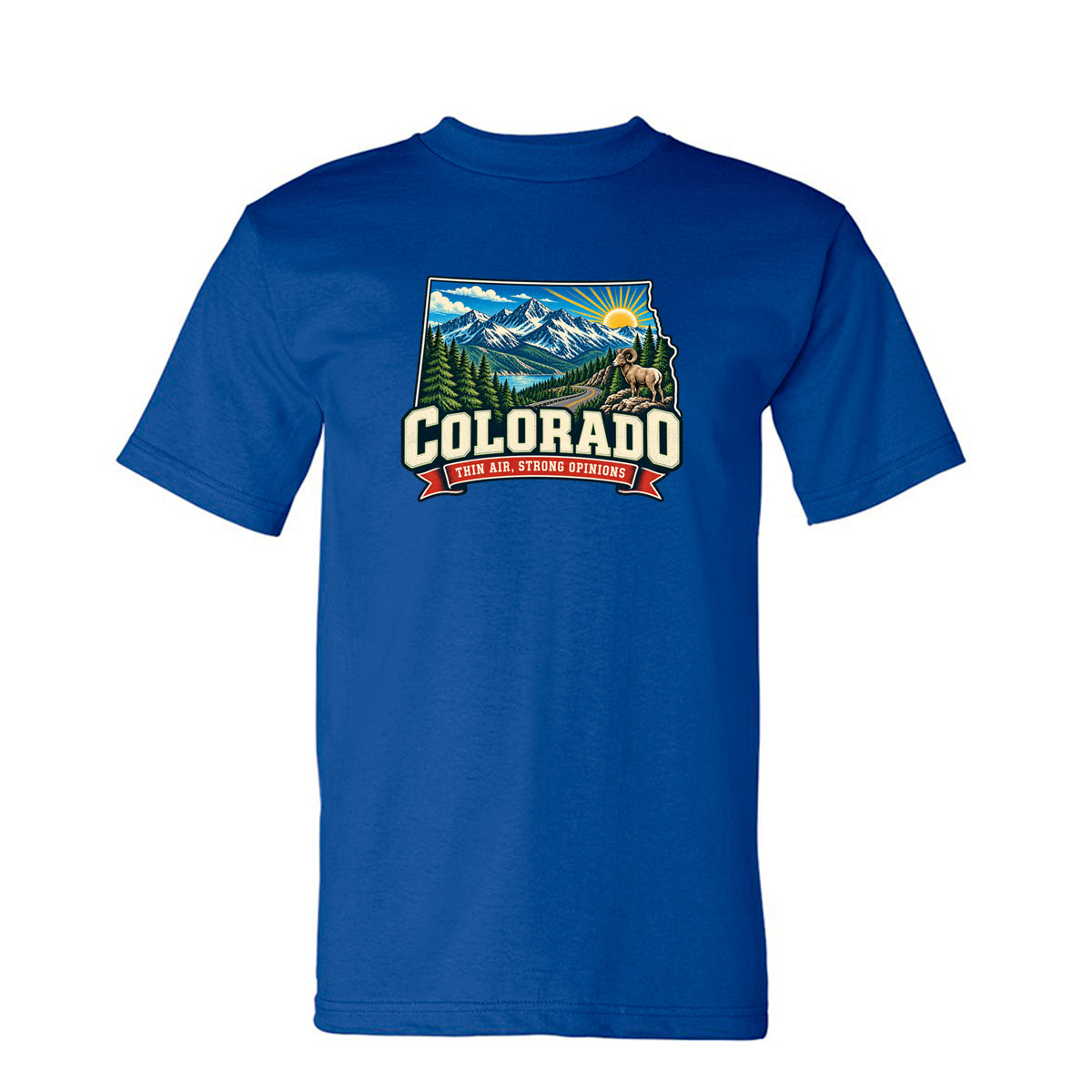 Royal Colorado Thin Air, Strong Opinions T-Shirt, front view
