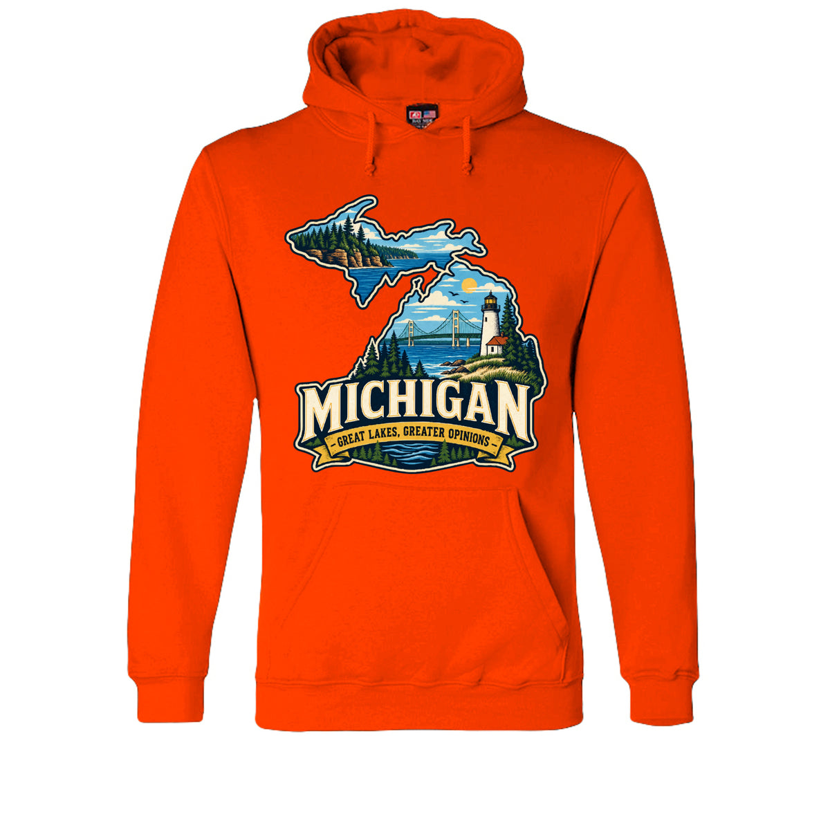 Bright Orange Michigan Great Lakes, Greater Opinions Hoodie, front view