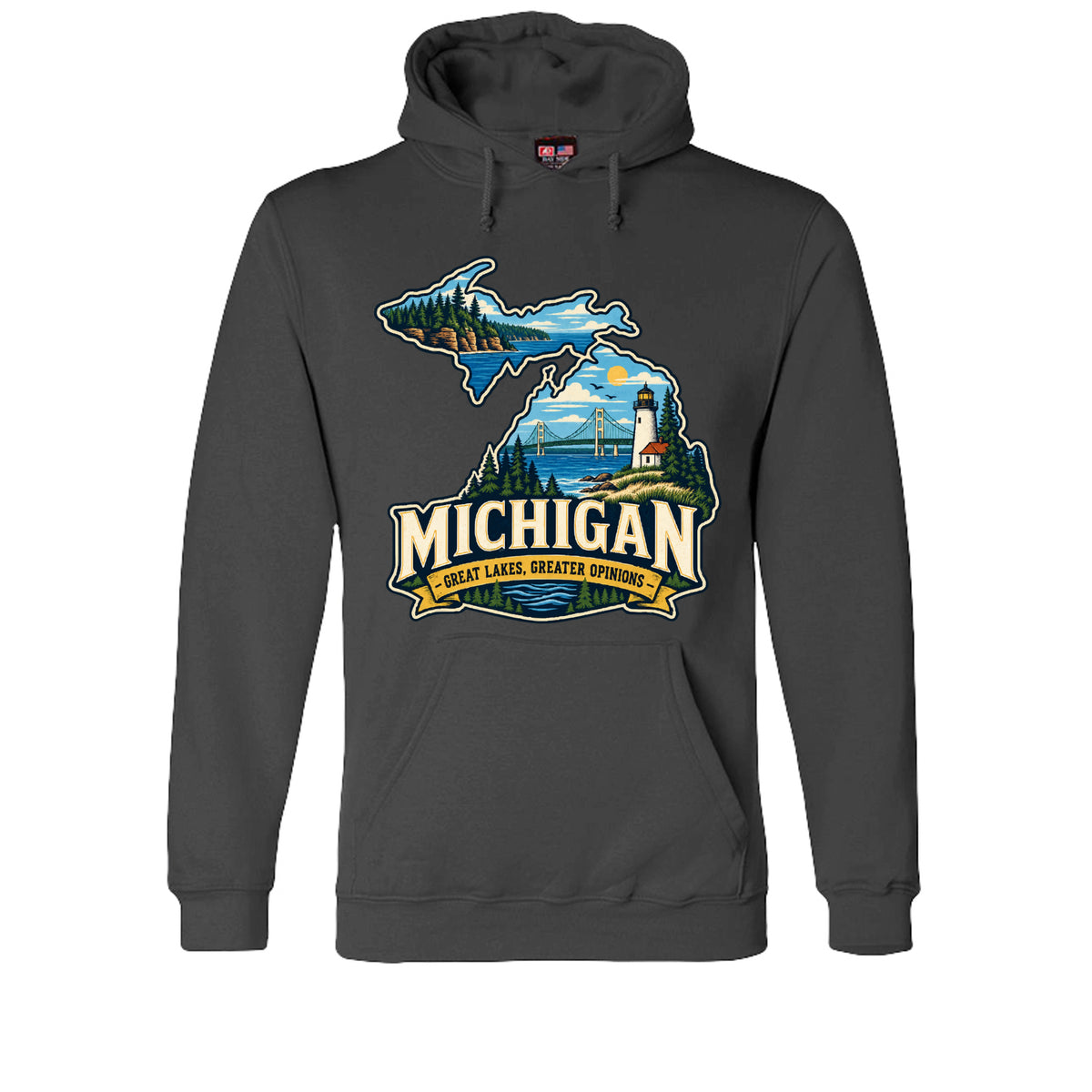 Charcoal Michigan Great Lakes, Greater Opinions Hoodie, front view