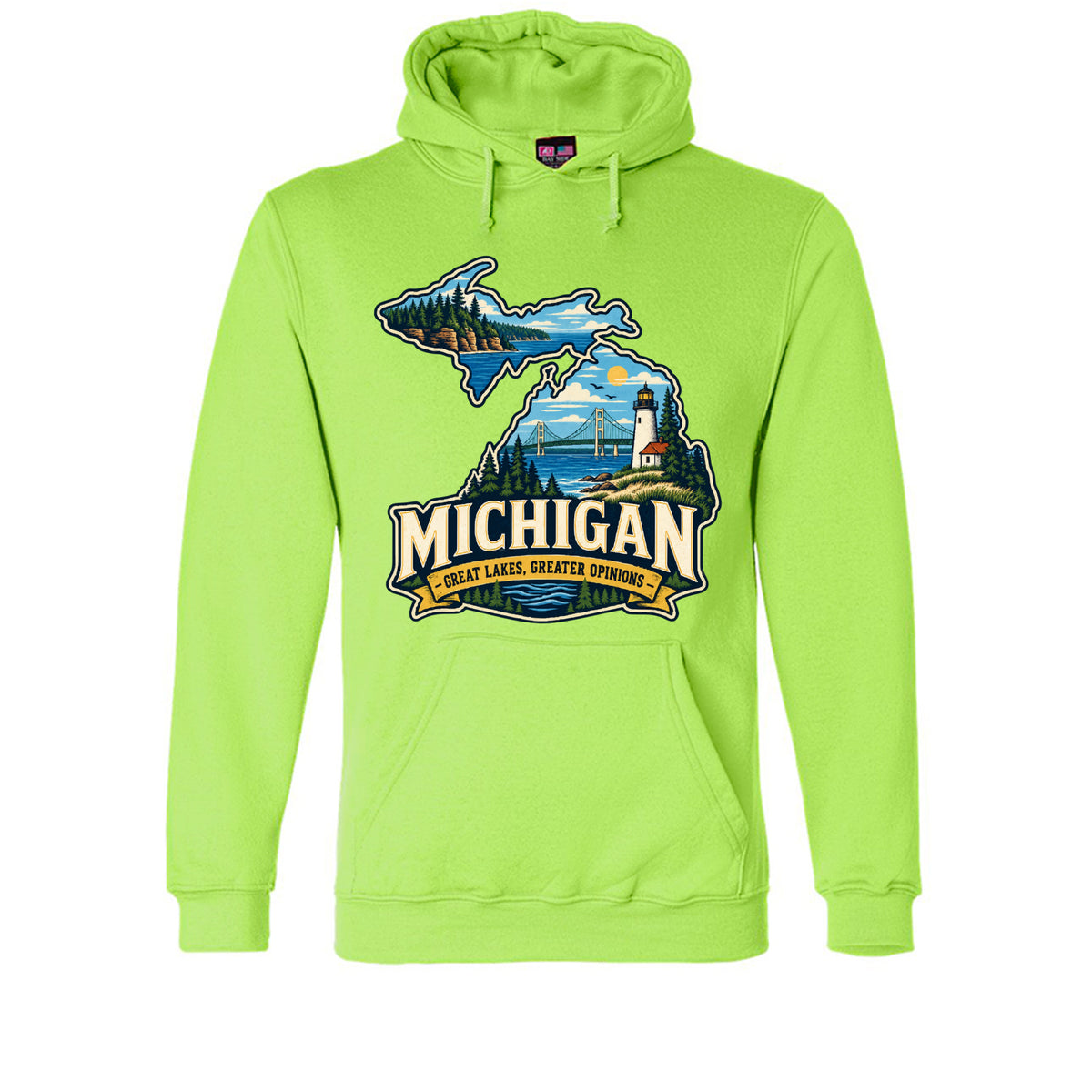 Lime Green Michigan Great Lakes, Greater Opinions Hoodie, front view