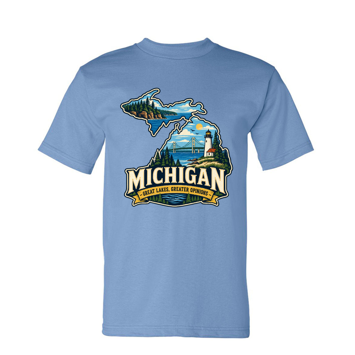 Carolina Blue Michigan Great Lakes, Greater Opinions T-Shirt, front view