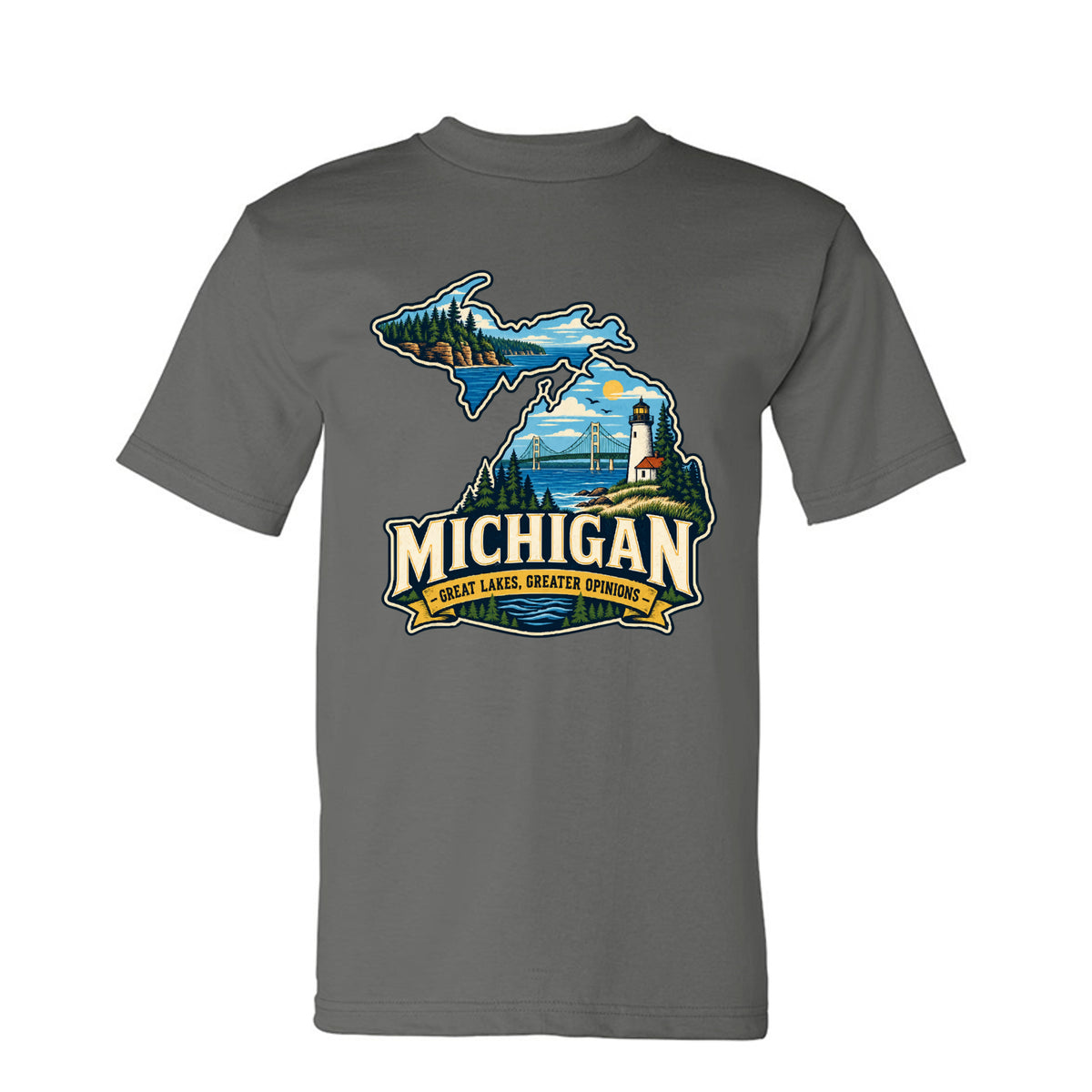 Charcoal Michigan Great Lakes, Greater Opinions T-Shirt, front view