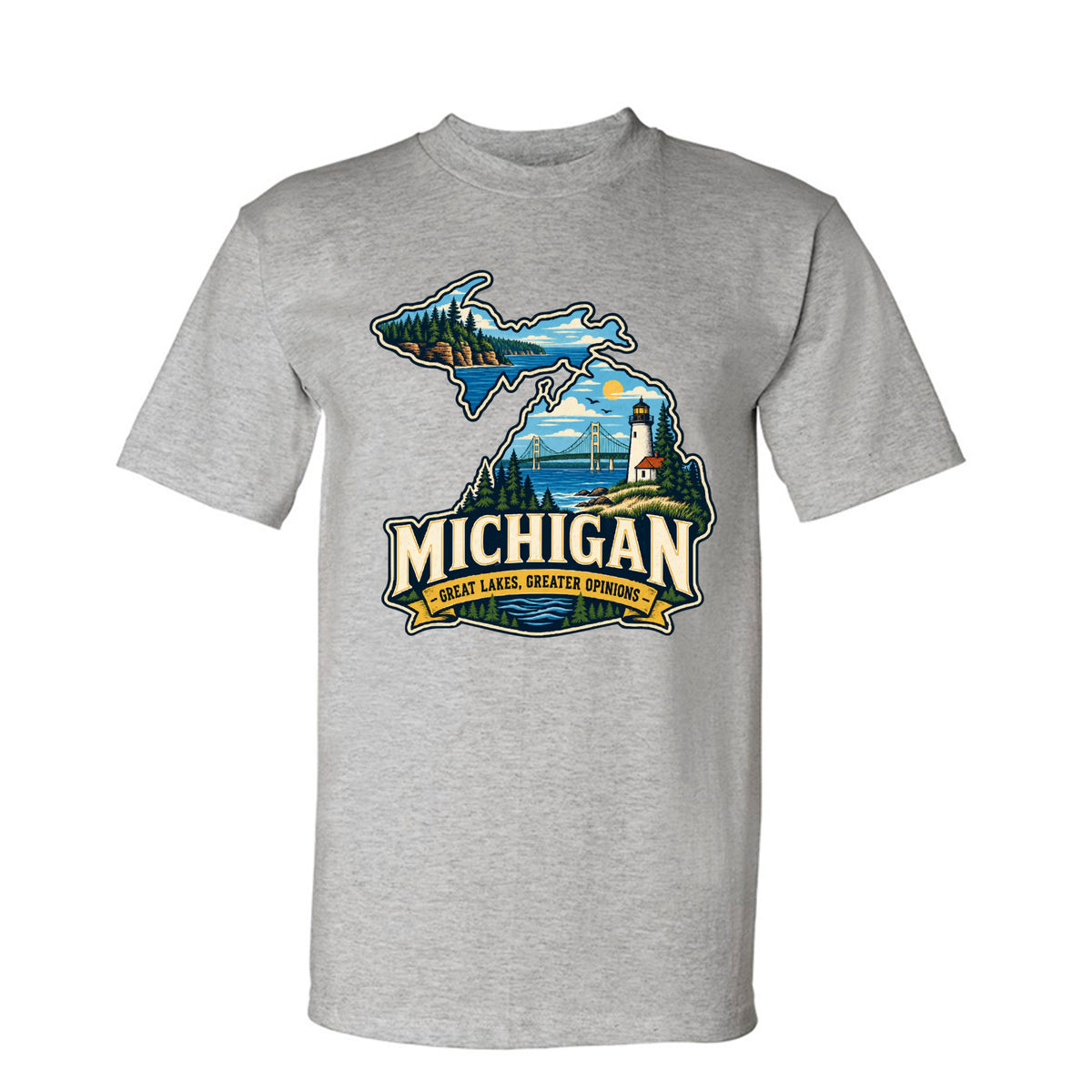 Dark Ash Michigan Great Lakes, Greater Opinions T-Shirt, front view