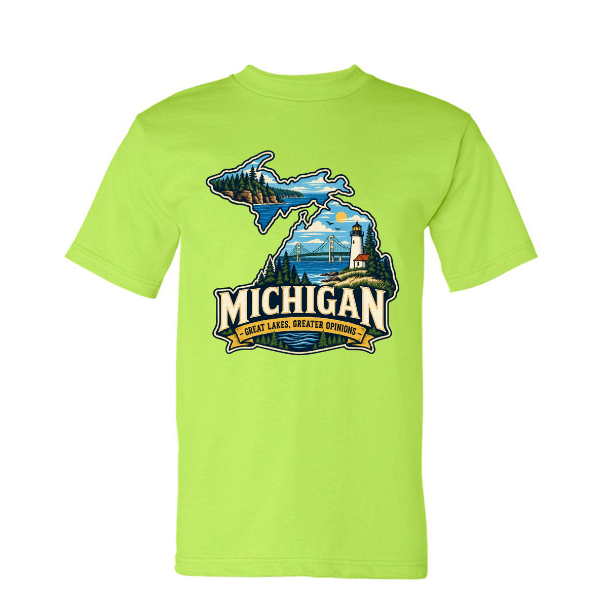 Lime Green Michigan Great Lakes, Greater Opinions T-Shirt, front view