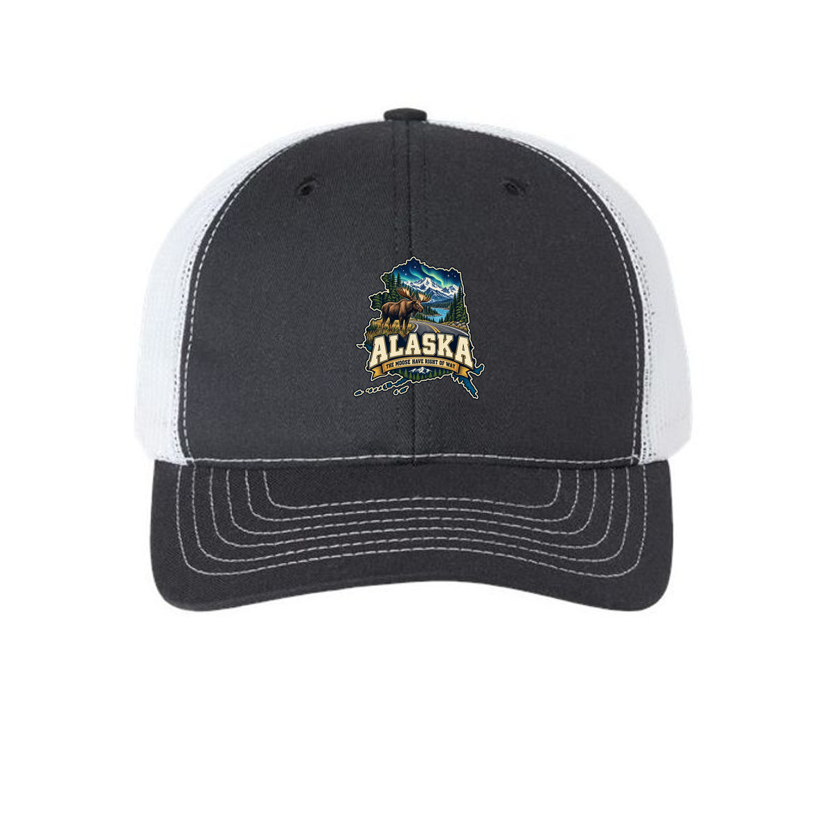 Black/ White Alaska The Moose Have Right of Way Trucker Hat, front view
