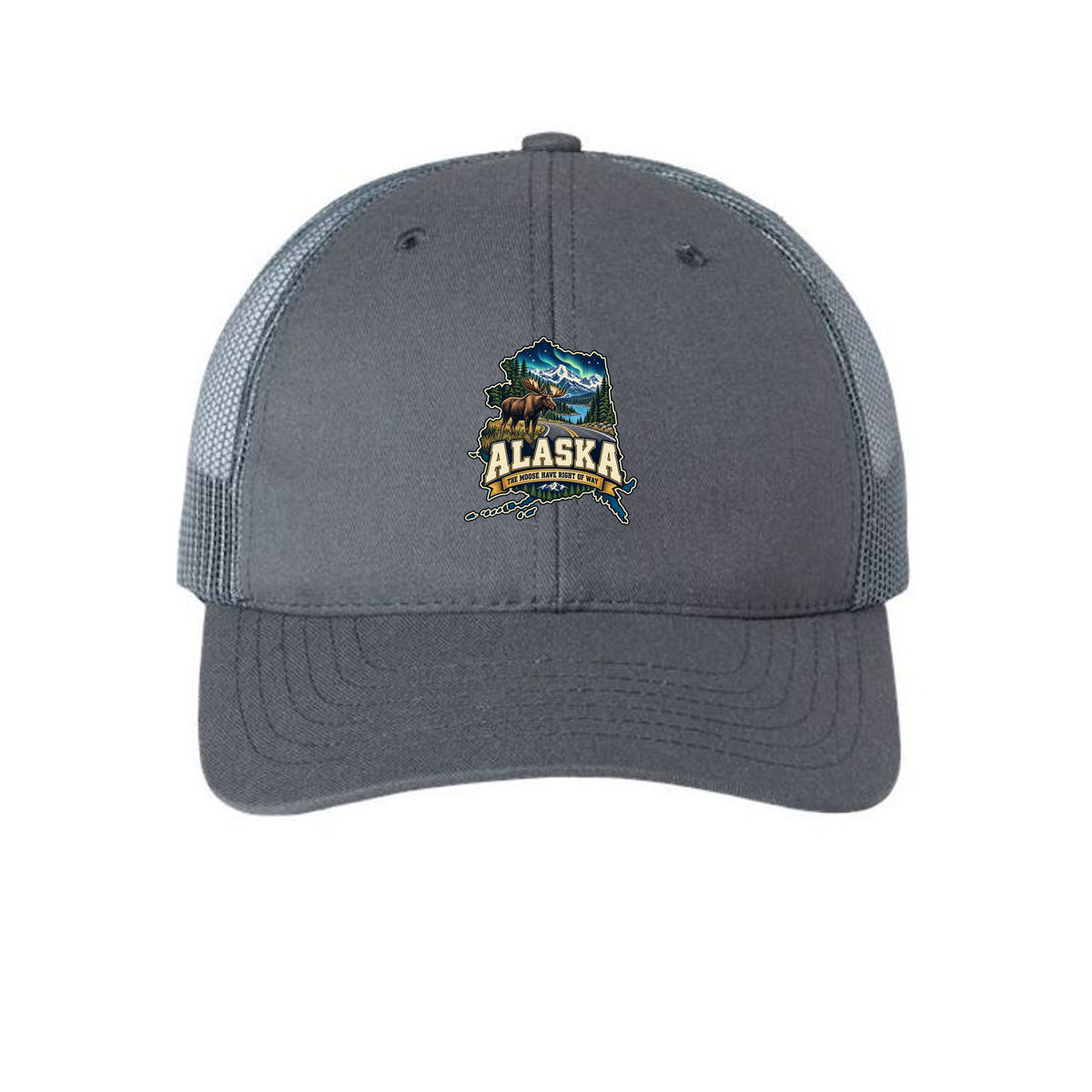 Charcoal Alaska The Moose Have Right of Way Trucker Hat, front view
