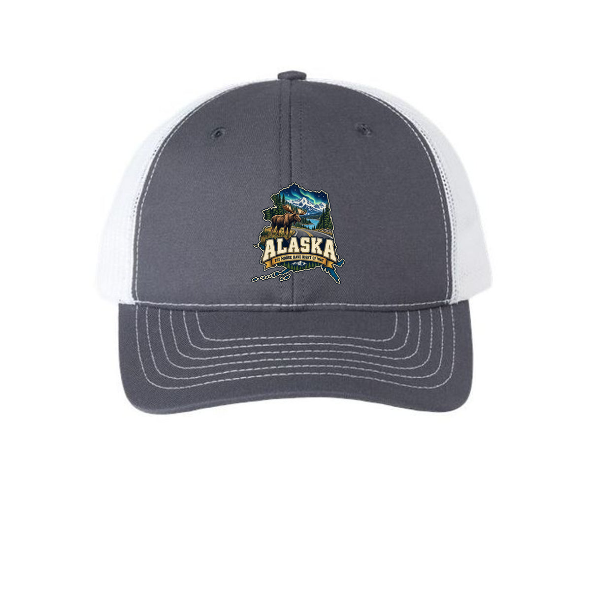 Charcoal/ White Alaska The Moose Have Right of Way Trucker Hat, front view
