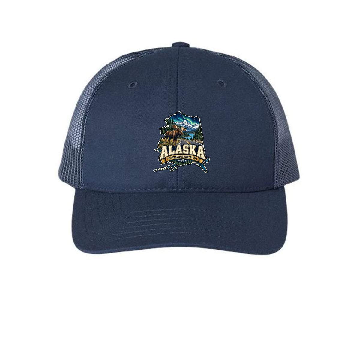 Navy Alaska The Moose Have Right of Way Trucker Hat, front view
