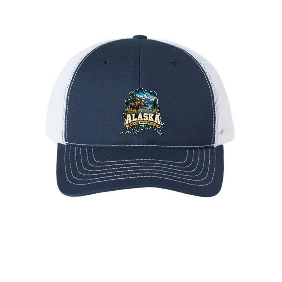 Navy/ White Alaska The Moose Have Right of Way Trucker Hat, front view
