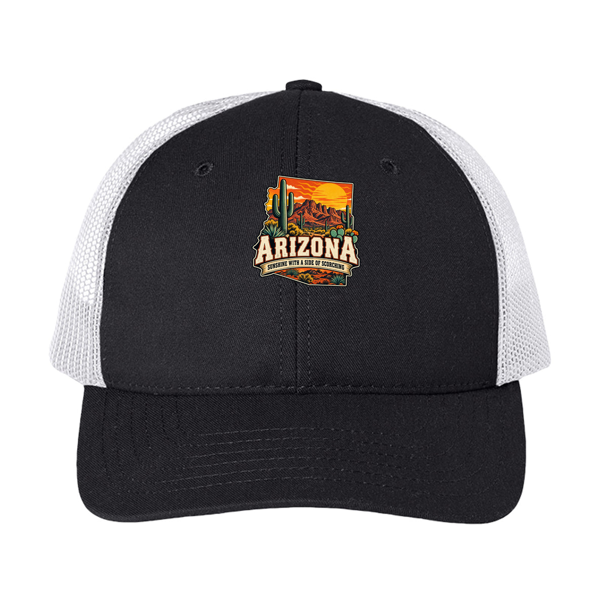 Black/ White Arizona Sunshine With a Side of Scorching Trucker Hat, front view
